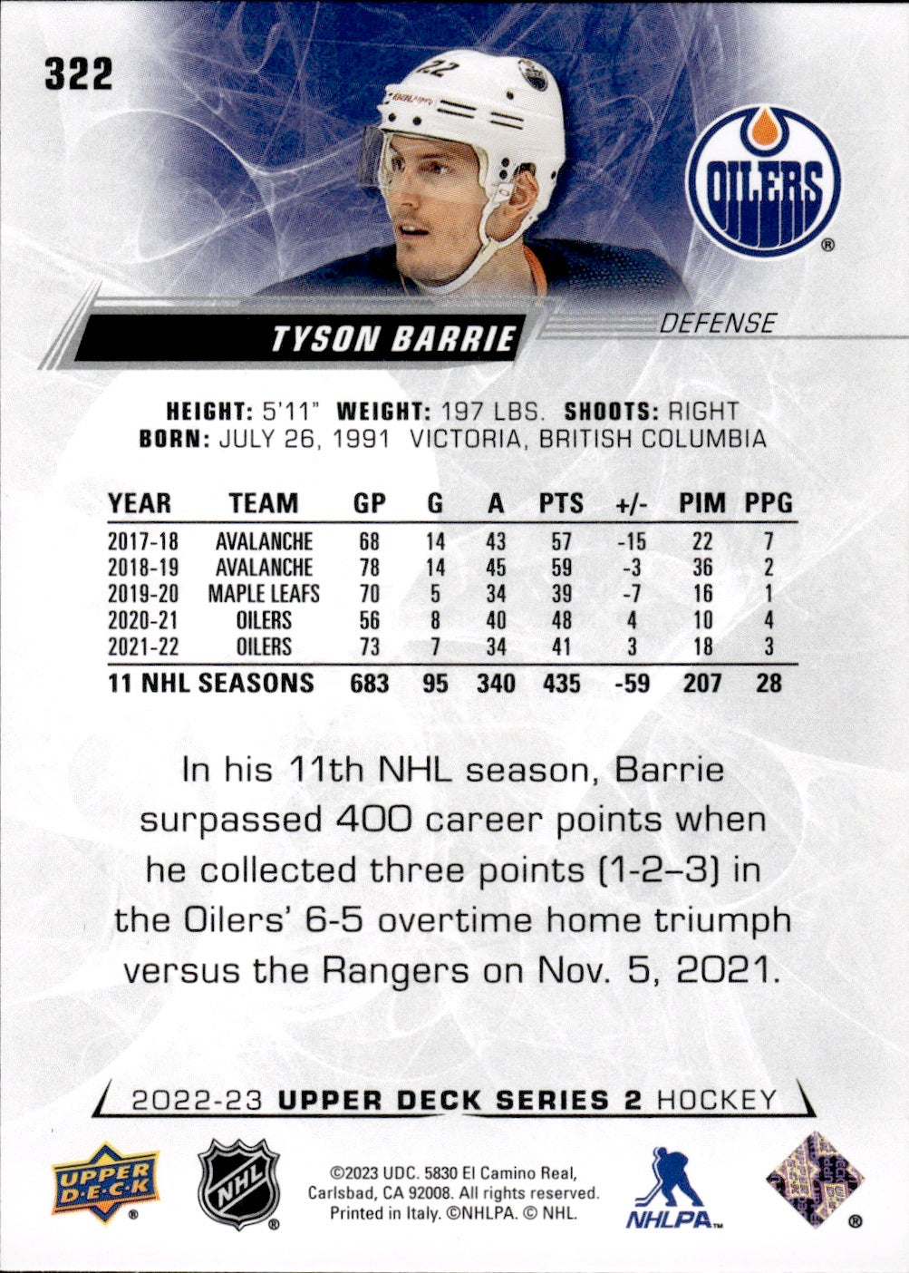 2022-23 Upper Deck Series 2 Hockey #322 Tyson Barrie - Edmonton Oilers