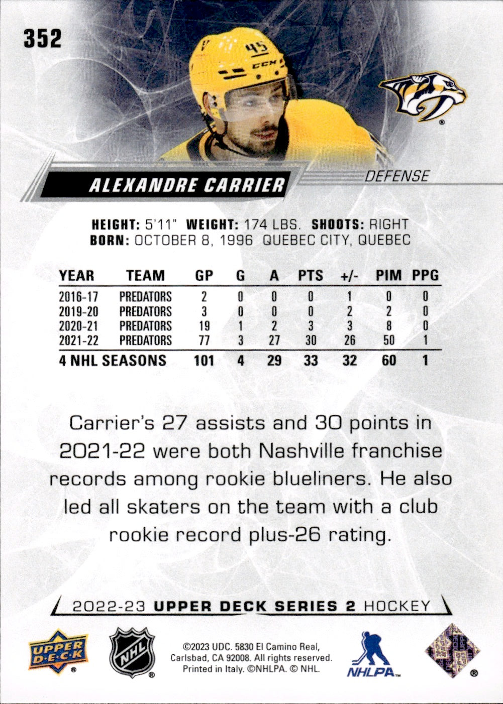 2022-23 Upper Deck Series 2 Hockey #352 Alexandre Carrier - Nashville Predators