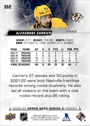 2022-23 Upper Deck Series 2 Hockey #352 Alexandre Carrier - Nashville Predators