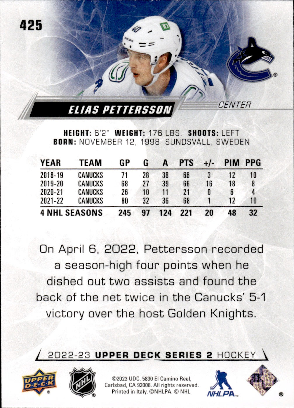 2022-23 Upper Deck Series 2 Hockey #425 Elias Pettersson - Vancouver Canucks