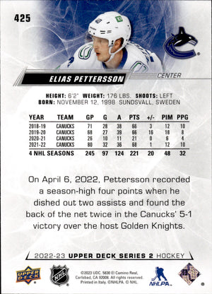 2022-23 Upper Deck Series 2 Hockey #425 Elias Pettersson - Vancouver Canucks