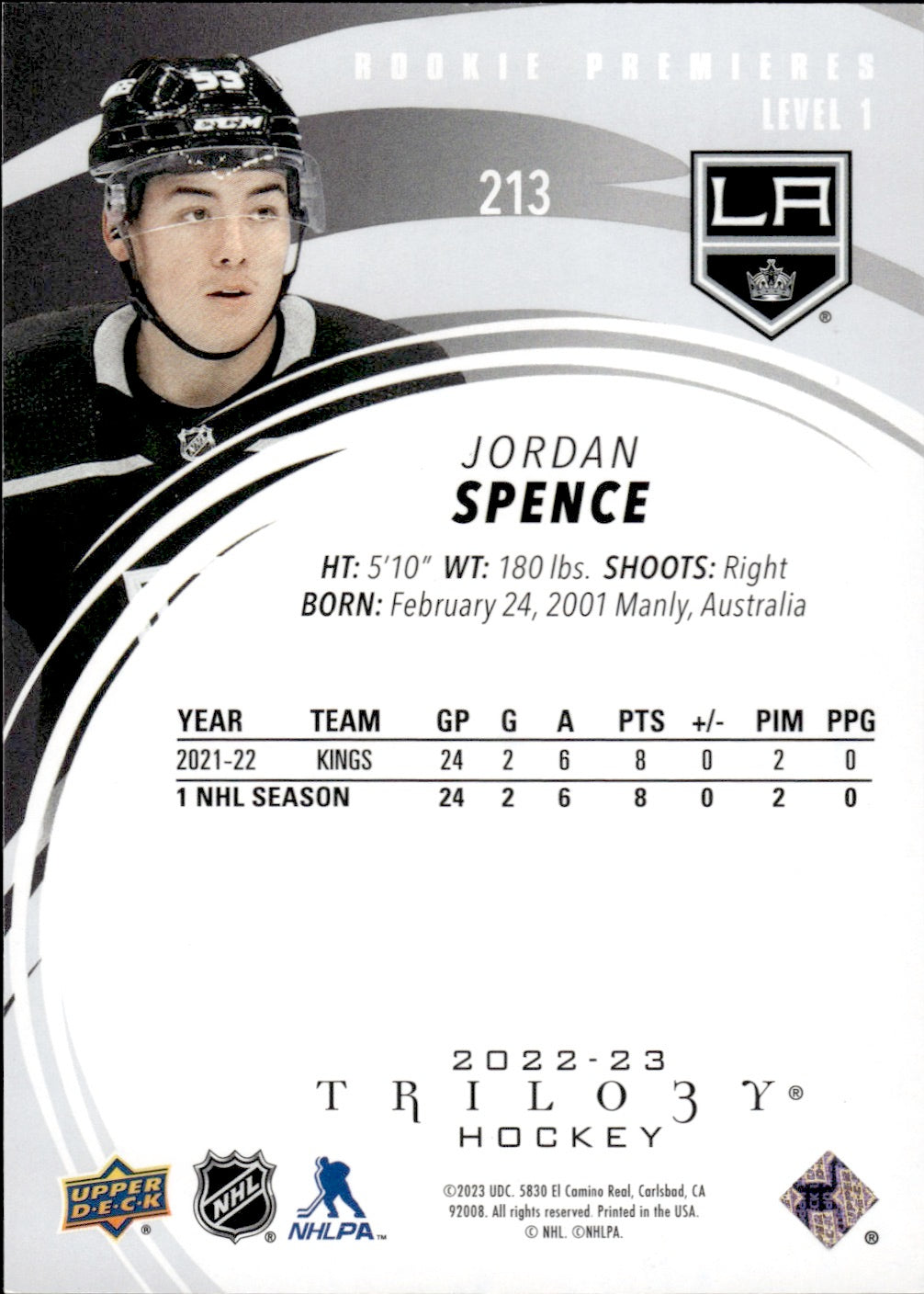 2022-23 Upper Deck Trilogy Hockey Rookie Premiers Level 1 /299 #213 Jordan Spence - Los Angeles Kings