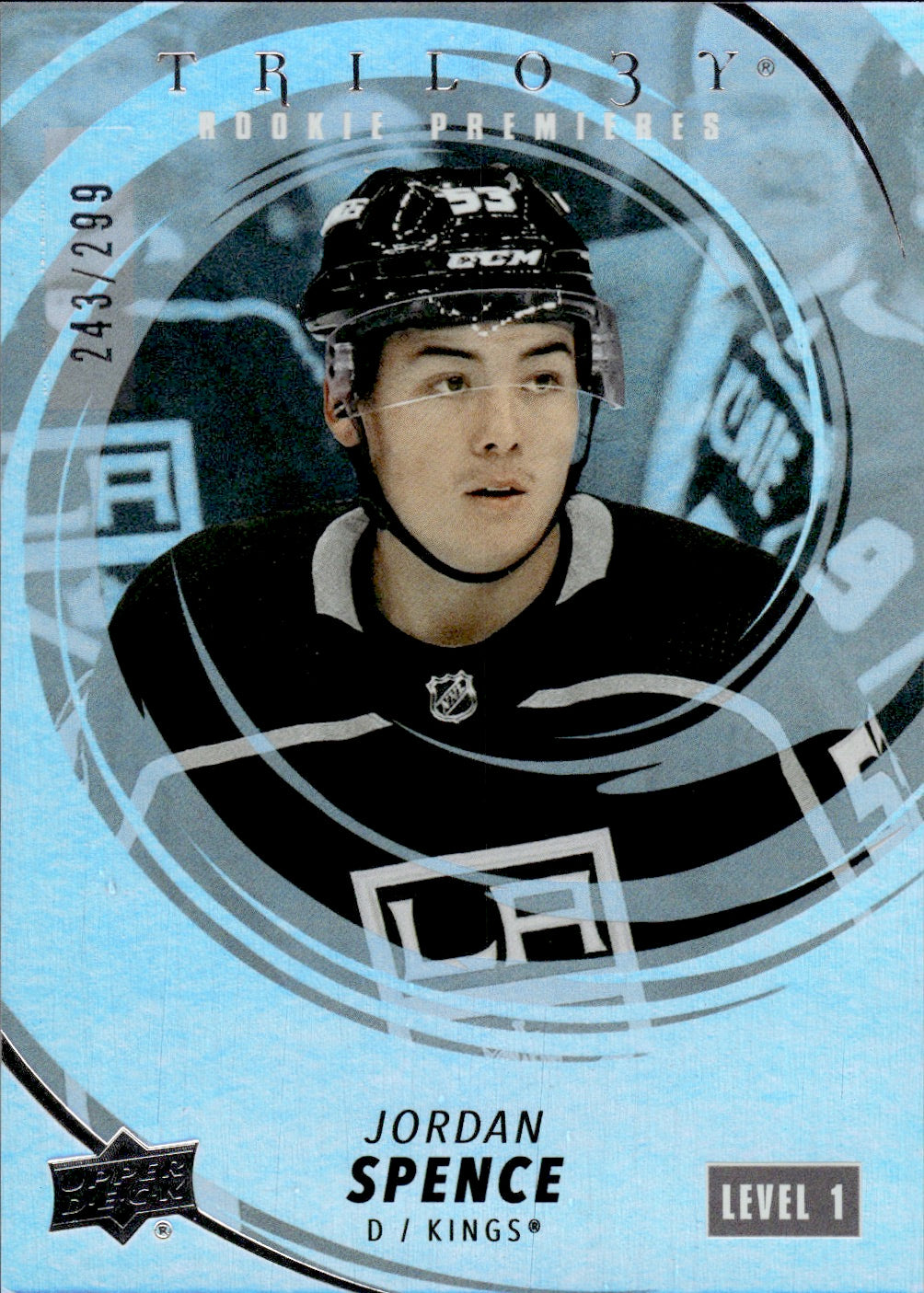 2022-23 Upper Deck Trilogy Hockey Rookie Premiers Level 1 /299 #213 Jordan Spence - Los Angeles Kings