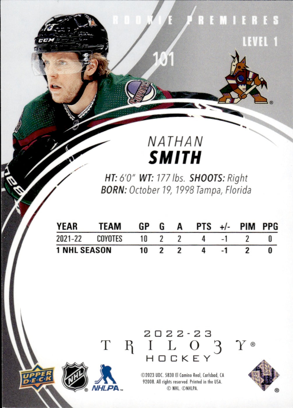 2022-23 Upper Deck Trilogy Hockey Rookie Premiers Level 1 /999 #101 Nathan Smith - Arizona Coyotes