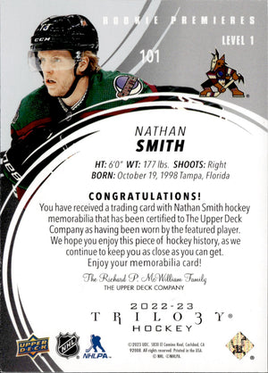 2022-23 Upper Deck Trilogy Hockey Rookie Premiers /499 Level 1 #101 Nathan Smith - Arizona Coyotes