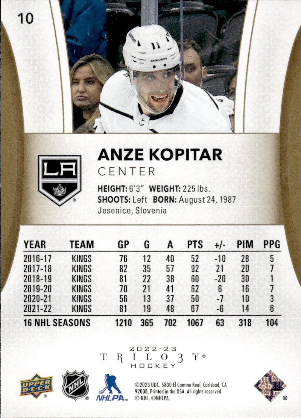 2022-23 Upper Deck Trilogy Hockey #10 Anze Kopitar - Los Angeles Kings