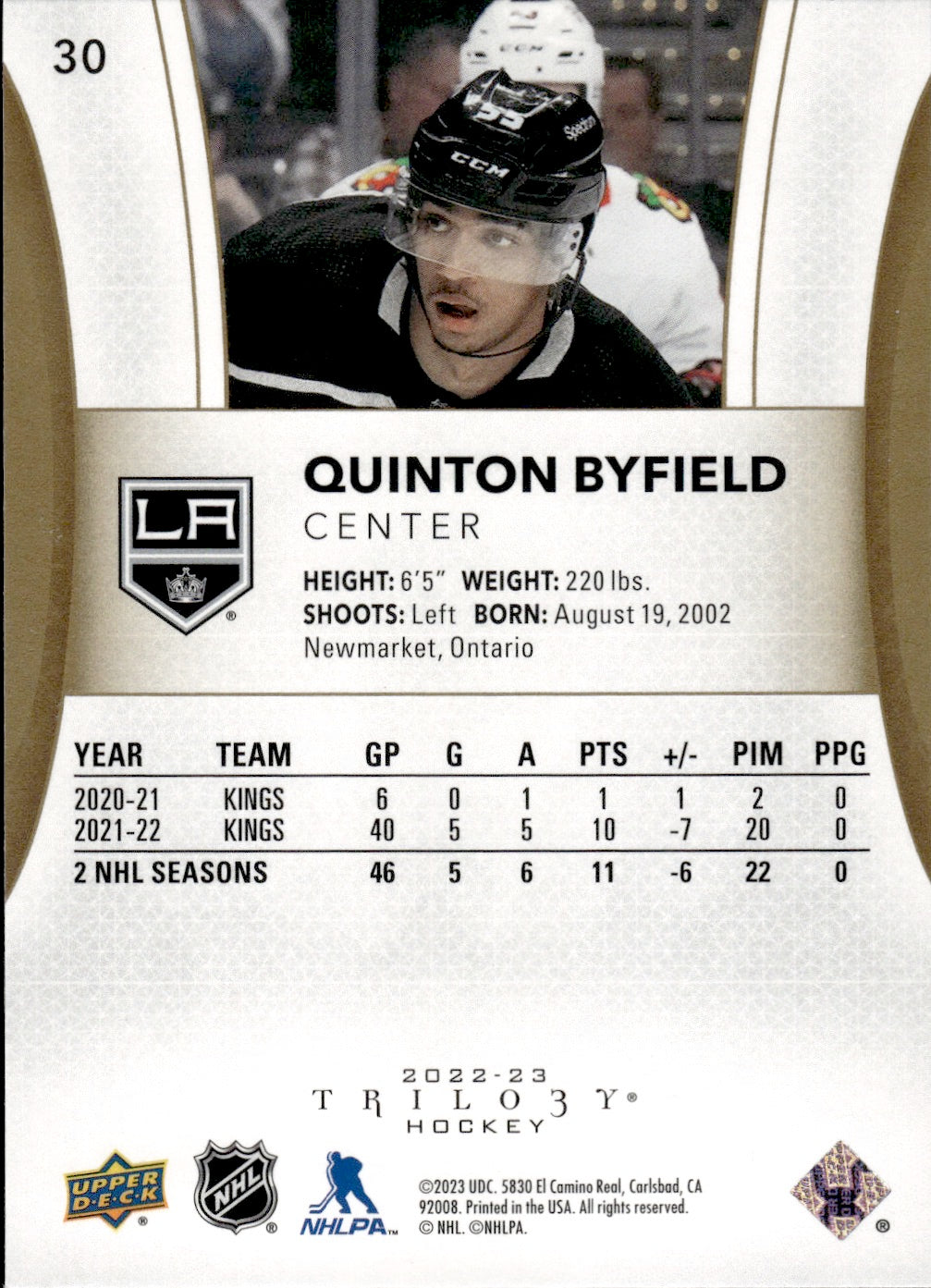 2022-23 Upper Deck Trilogy Hockey #30 Quinton Byfield - Los Angeles Kings