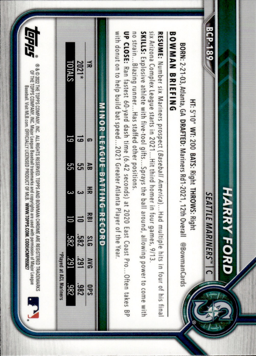 2022 Bowman Chrome Baseball #BCP-189 Harry Ford - Seattle Mariners