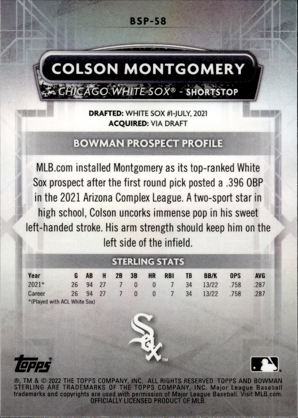 2022 Bowman Sterling Baseball Prospects #BSP-58 Colson Montgomery - Chicago White Sox