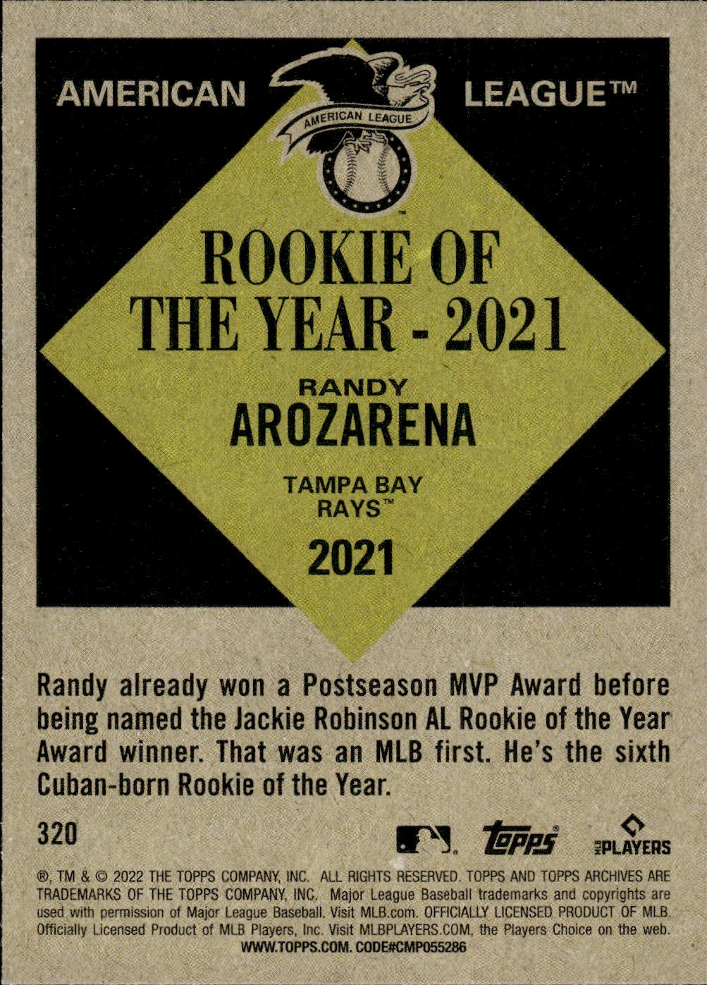 2022 Topps Archives Baseball 1961 Topps MVP #320 Randy Arozarena - Tampa Bay Rays