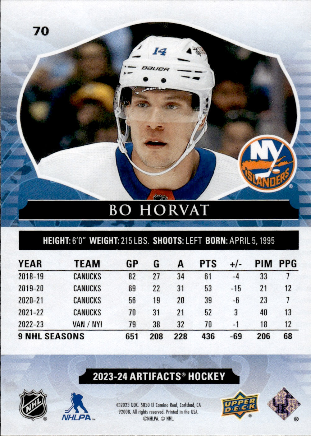 2023-24 Upper Deck Artifacts Hockey - Base #70 Bo Horvat - New York Islanders