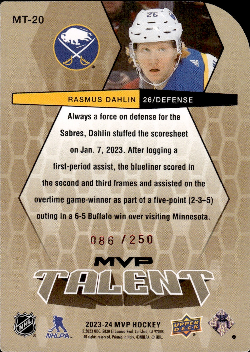 2023-24 Upper Deck MVP Hockey - 20th Anniversary MVP Talent Colours and Contours /250 #MT-20 Rasmus Dahlin - Buffalo Sabres