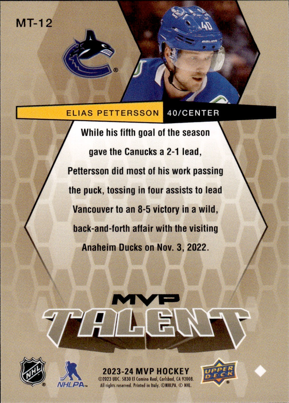 2023-24 Upper Deck MVP Hockey - 20th Anniversary MVP Talent #MT-12 Elias Pettersson - Vancouver Canucks