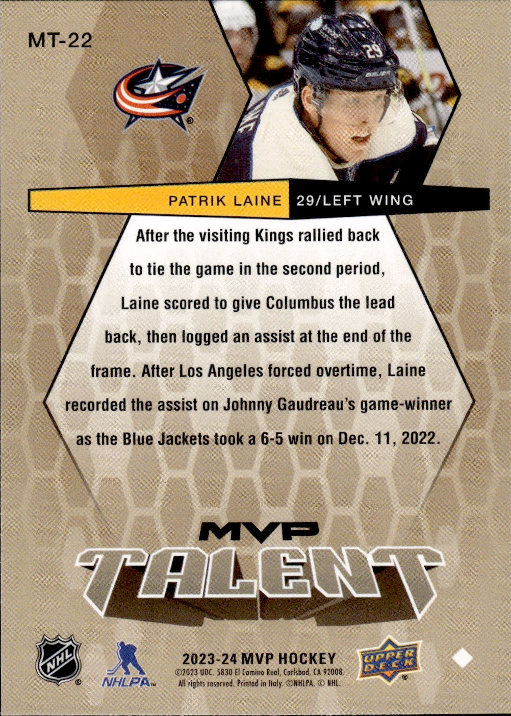 2023-24 Upper Deck MVP Hockey - 20th Anniversary MVP Talent #MT-22 Patrik Laine - Columbus Blue Jackets