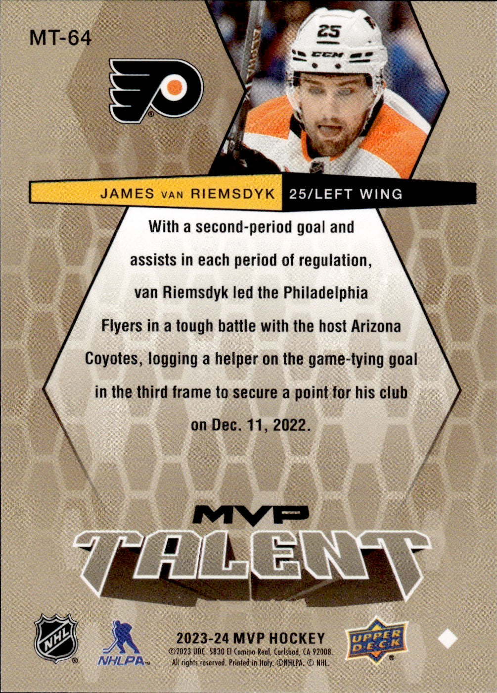 2023-24 Upper Deck MVP Hockey - 20th Anniversary MVP Talent #MT-64 James Van Riemsdyk - Philadelphia Flyers