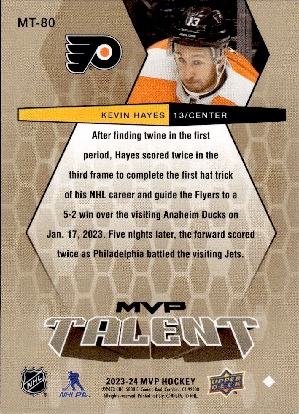 2023-24 Upper Deck MVP Hockey - 20th Anniversary MVP Talent #MT-80 Kevin Hayes - Philadelphia Flyers