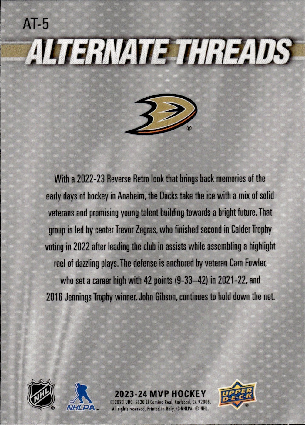 2023-24 Upper Deck MVP Hockey - Alternate Threads - Gold #AT-5 Trevor Zegras, Cam Fowler, John Gibson - Anaheim Ducks