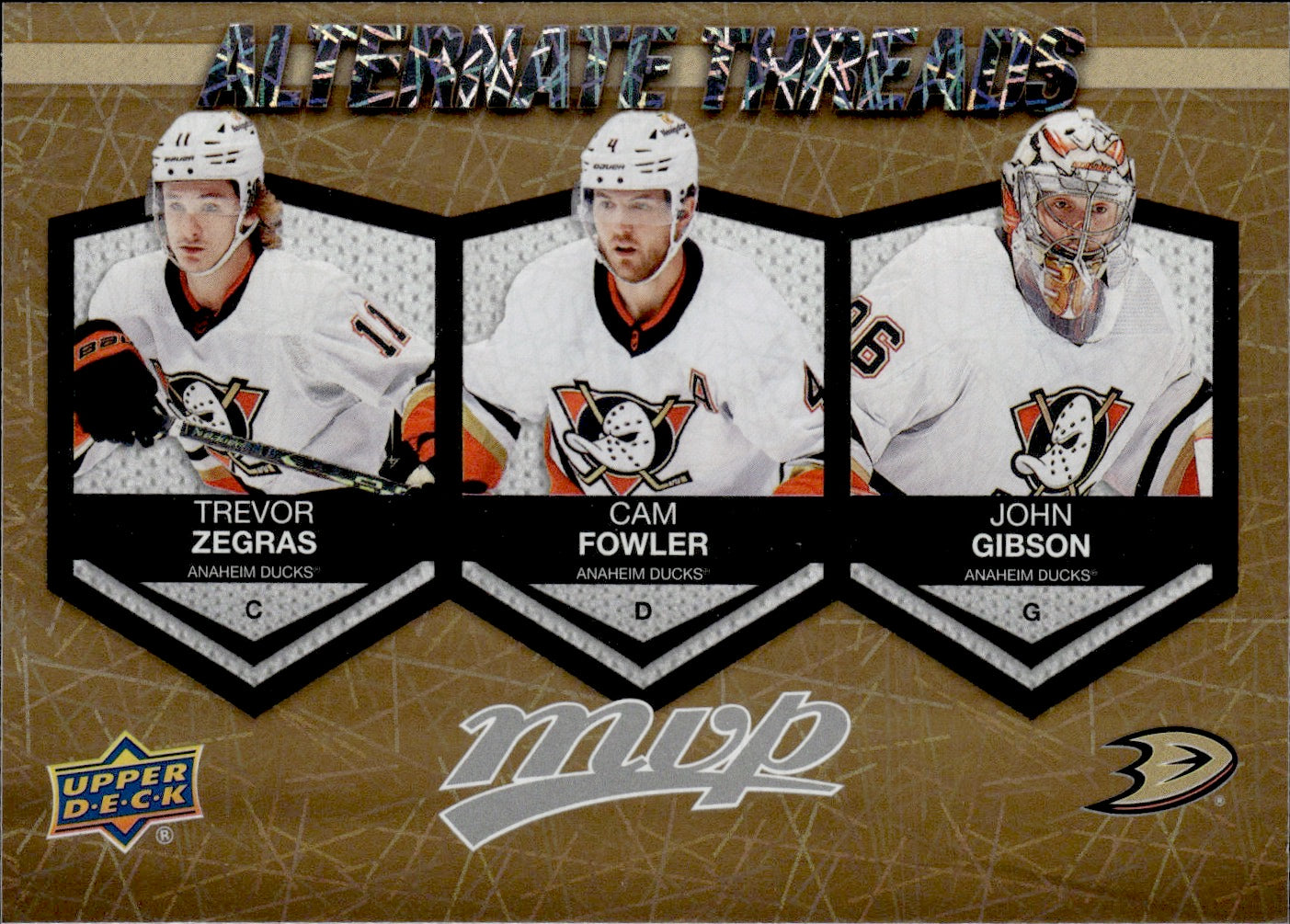 2023-24 Upper Deck MVP Hockey - Alternate Threads - Gold #AT-5 Trevor Zegras, Cam Fowler, John Gibson - Anaheim Ducks