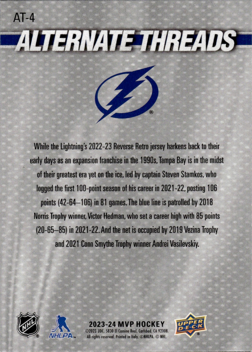 2023-24 Upper Deck MVP Hockey - Alternate Threads #AT-4 Steven Stamkos, Victor Hedman, Andrei Vasilevskiy - Tampa Bay Lightning