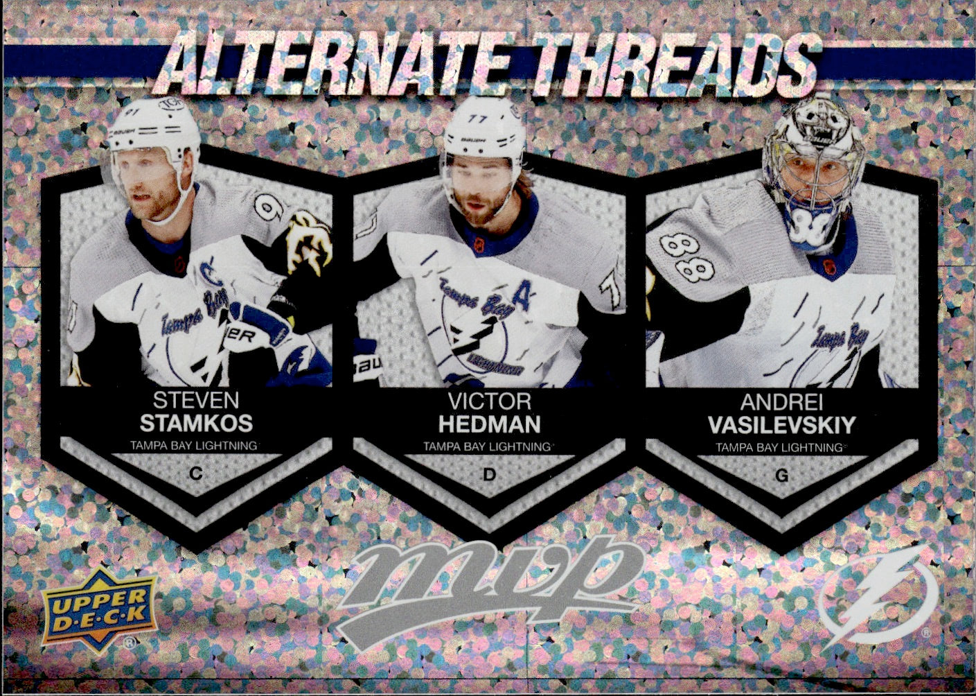 2023-24 Upper Deck MVP Hockey - Alternate Threads #AT-4 Steven Stamkos, Victor Hedman, Andrei Vasilevskiy - Tampa Bay Lightning