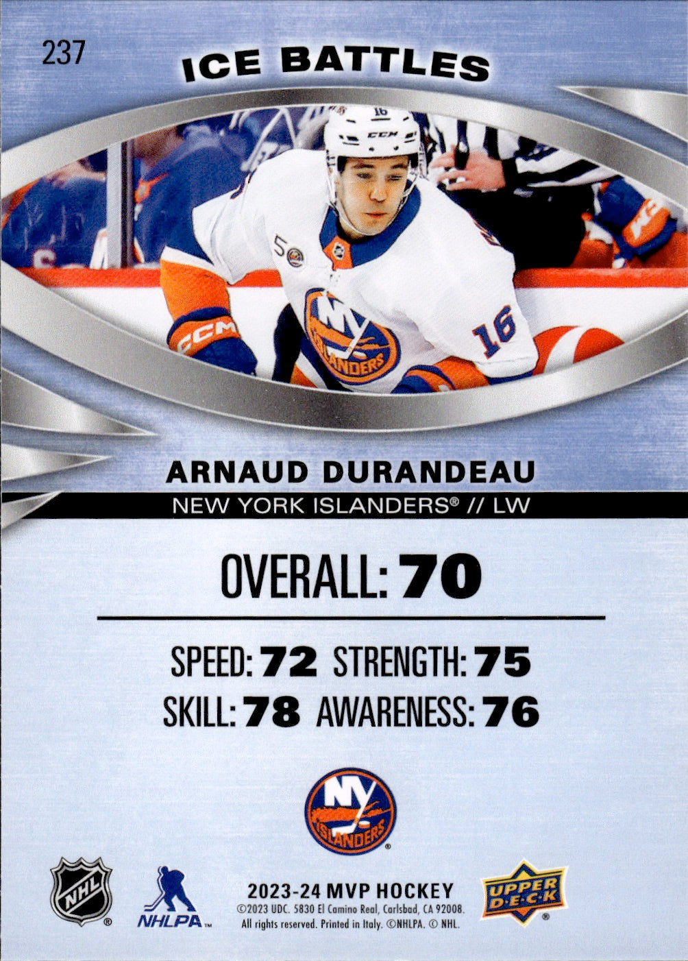 2023-24 Upper Deck MVP Hockey - Base - Ice Battles - Rookies #237 Arnaud Durandeau - New York Islanders