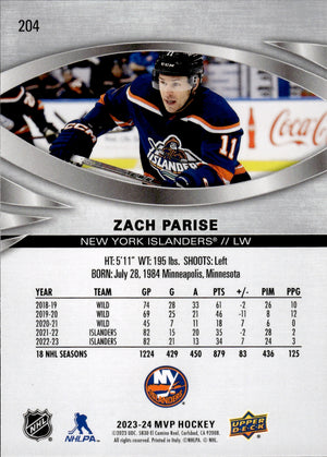 2023-24 Upper Deck MVP Hockey - Base - Silver Scripts #204 Zach Parise - New York Islanders