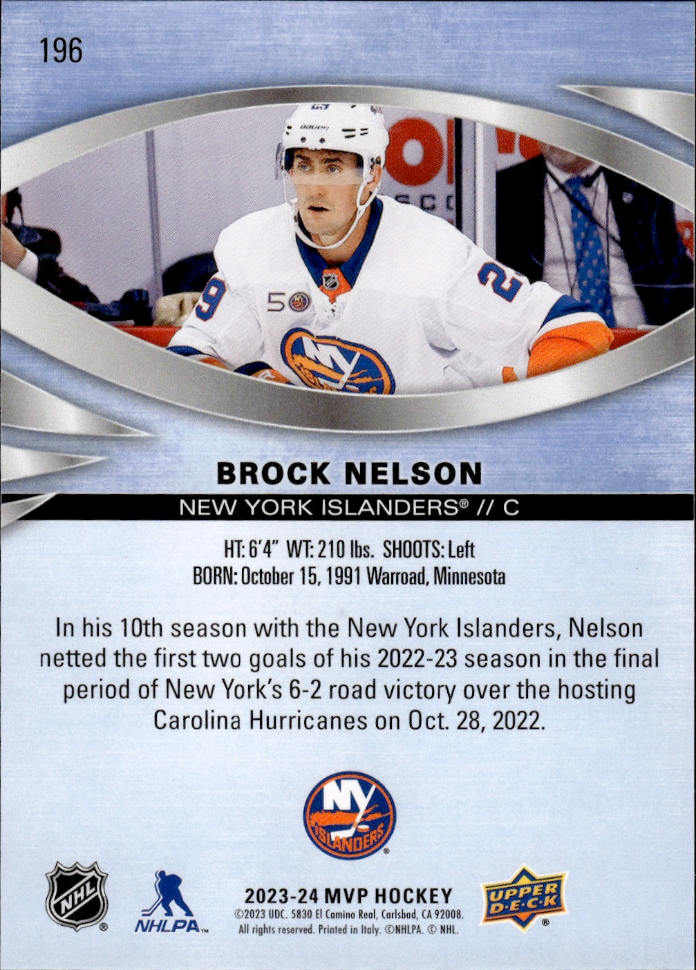 2023-24 Upper Deck MVP Hockey - Base #196 Brock Nelson - New York Islanders