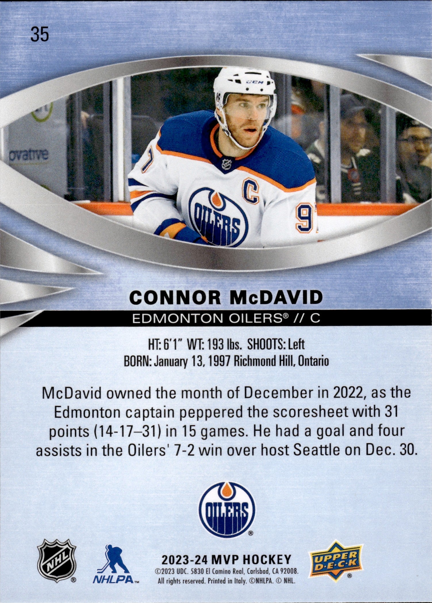 2023-24 Upper Deck MVP Hockey - Base #35 Connor McDavid - Edmonton Oilers