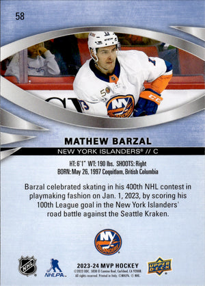 2023-24 Upper Deck MVP Hockey - Base #58 Mathew Barzal - New York Islanders