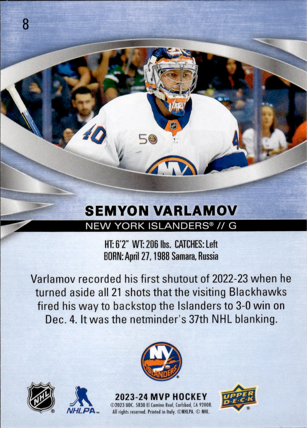 2023-24 Upper Deck MVP Hockey - Base #8 Semyon Varlamov - New York Islanders