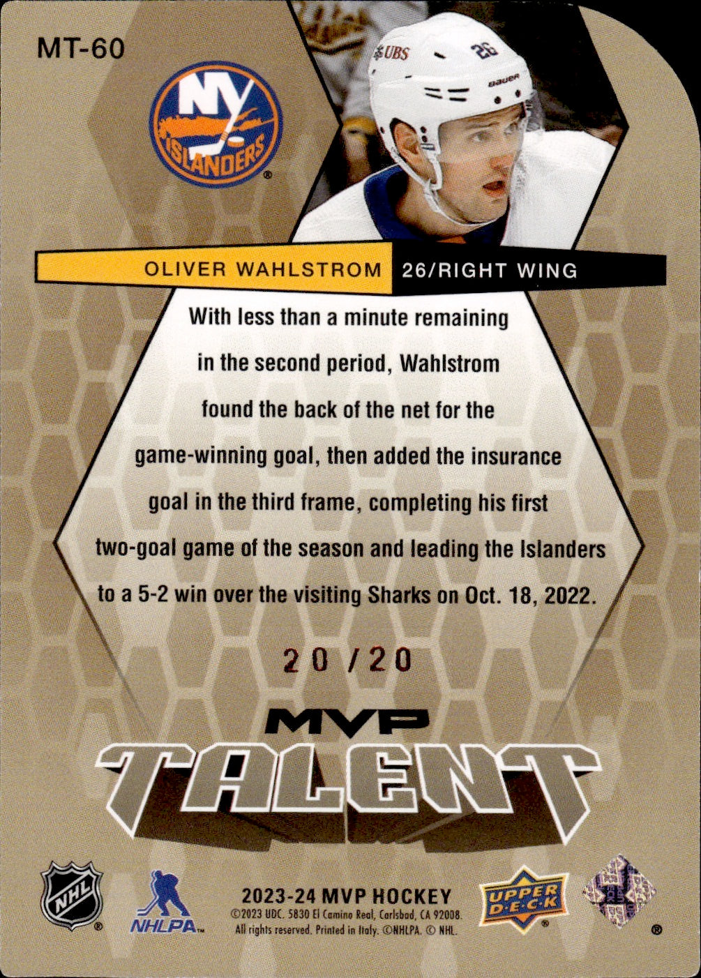 2023-24 Upper Deck MVP Hockey - Green Colours & Contours /20 #MT-60 Oliver Whalstrom - New York Islanders