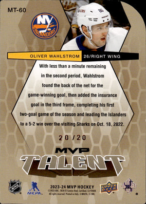 2023-24 Upper Deck MVP Hockey - Green Colours & Contours /20 #MT-60 Oliver Whalstrom - New York Islanders