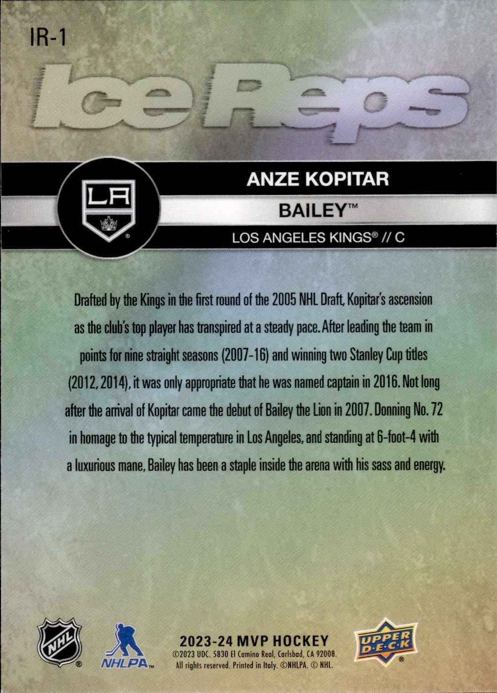 2023-24 Upper Deck MVP Hockey - Ice Reps #IR-1 Anze Kopitar - Los Angeles Kings - Bailey
