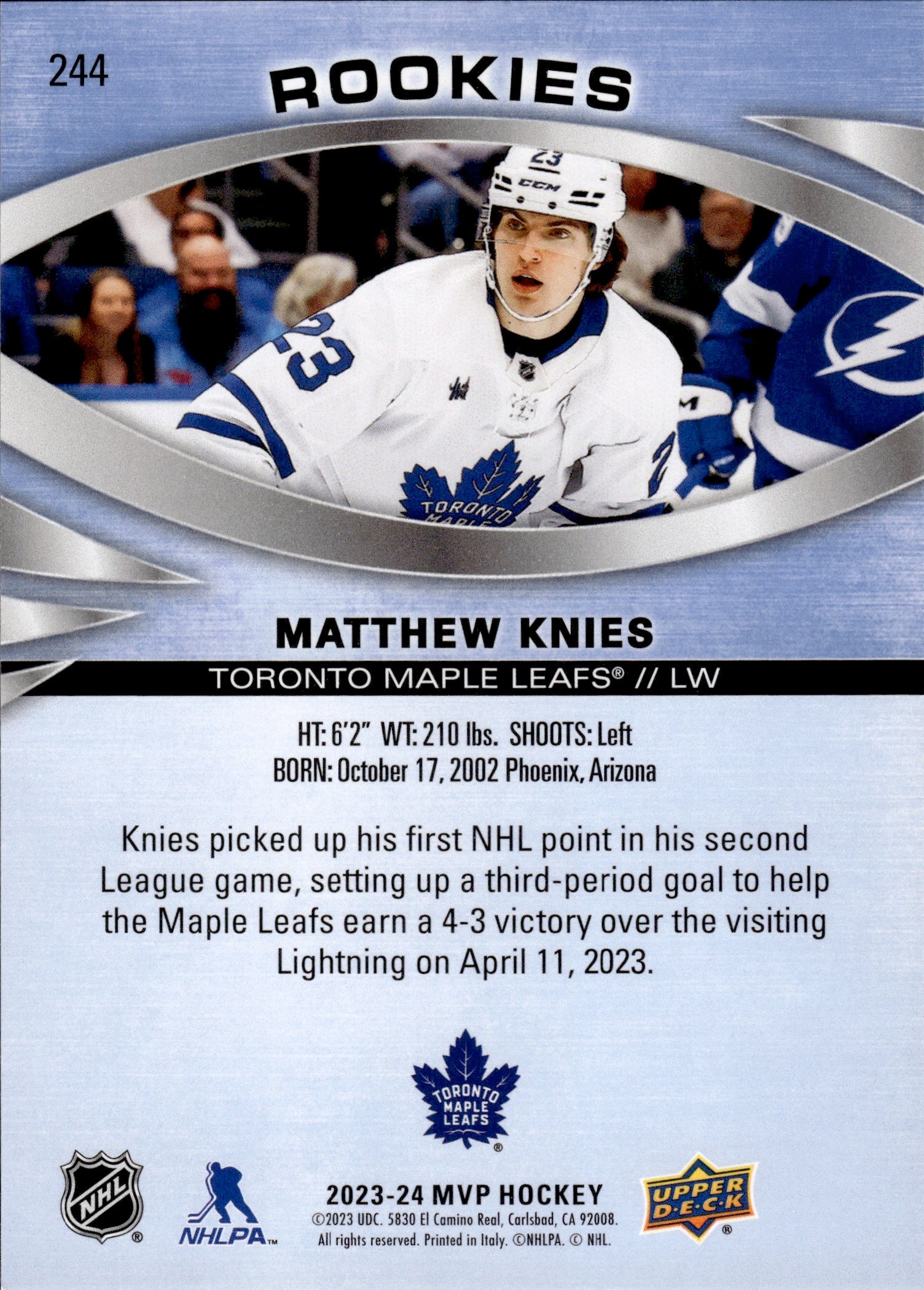 2023-24 Upper Deck MVP Hockey - Rookies #244 Matthew Knies - Toronto Maple Leafs
