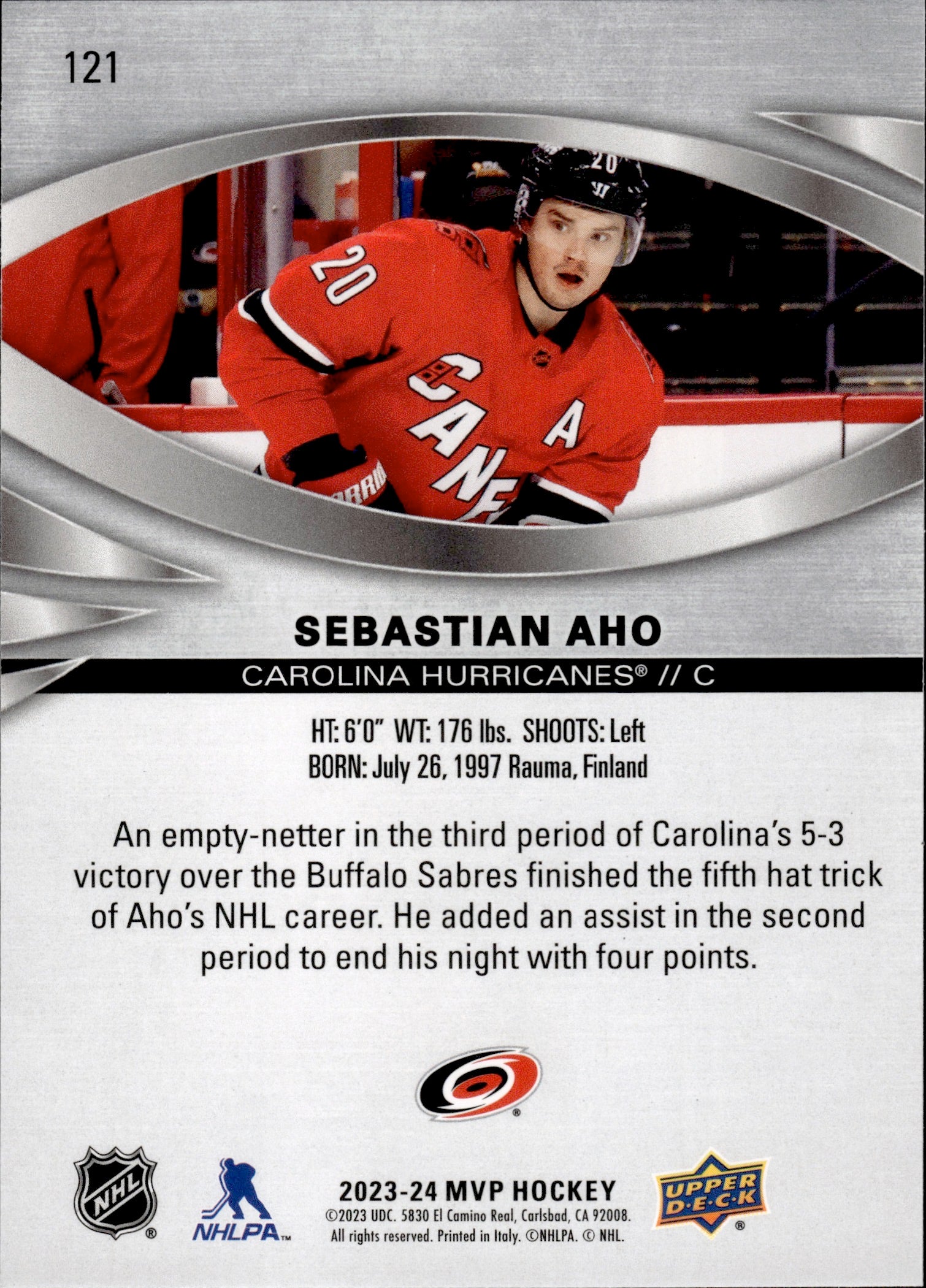 2023-24 Upper Deck MVP Hockey - Silver Scripts #121 Sebastian Aho - Carolina Hurricanes