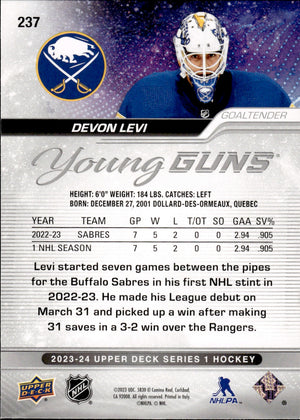 2023-24 Upper Deck Series 1 Hockey - Base - Young Guns #237 Devon Levi - Buffalo Sabres