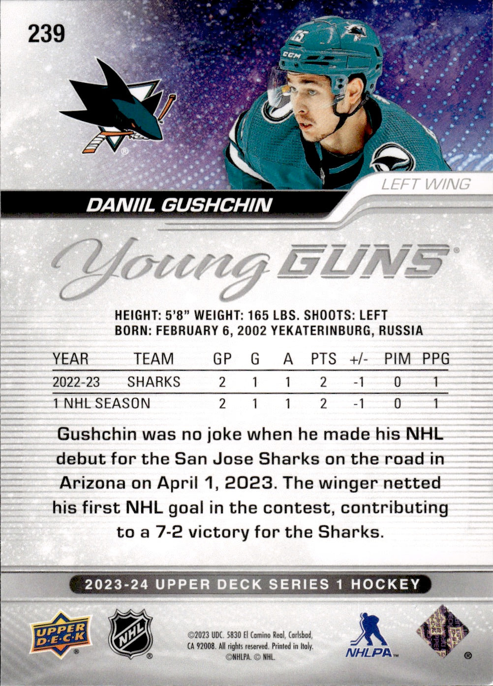 2023-24 Upper Deck Series 1 Hockey - Base - Young Guns #239 Daniil Gushchin - San Jose Sharks