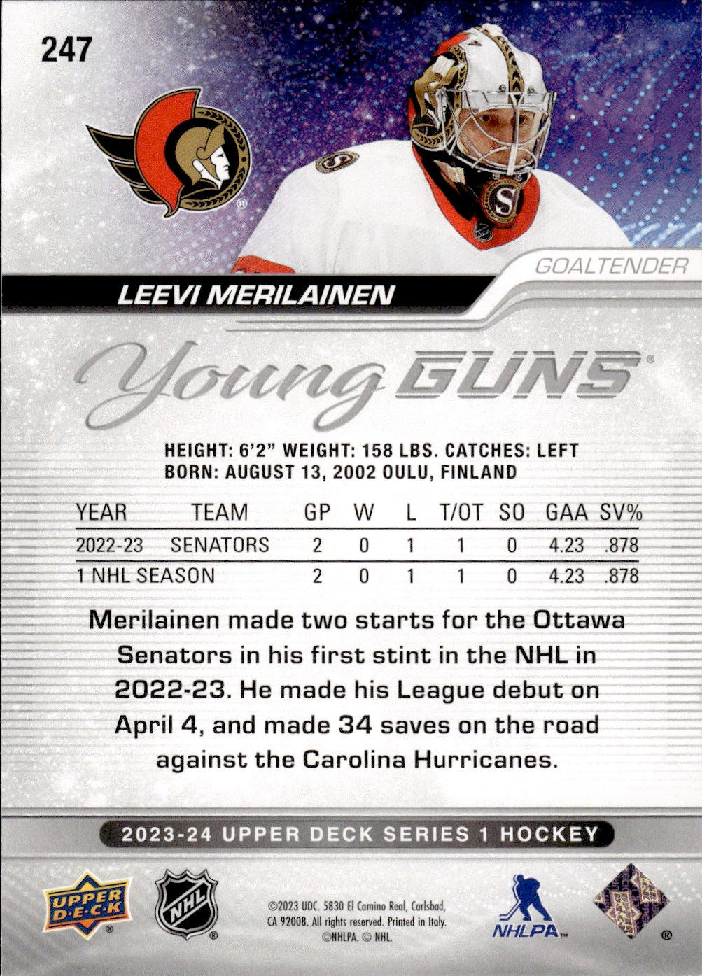 2023-24 Upper Deck Series 1 Hockey - Base - Young Guns #247 Leevi Merilainen - Ottawa Senators