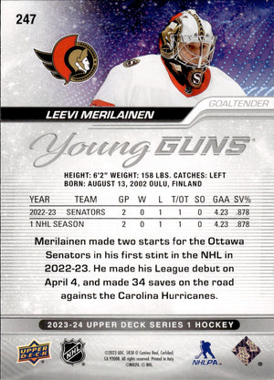 2023-24 Upper Deck Series 1 Hockey - Base - Young Guns #247 Leevi Merilainen - Ottawa Senators