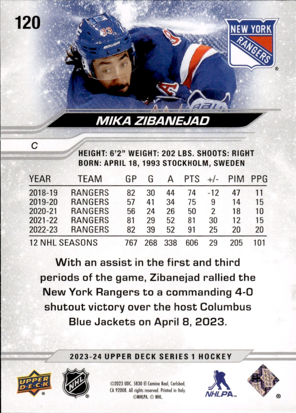 2023-24 Upper Deck Series 1 Hockey - Base #120 Mika Zibanejad - New York Rangers