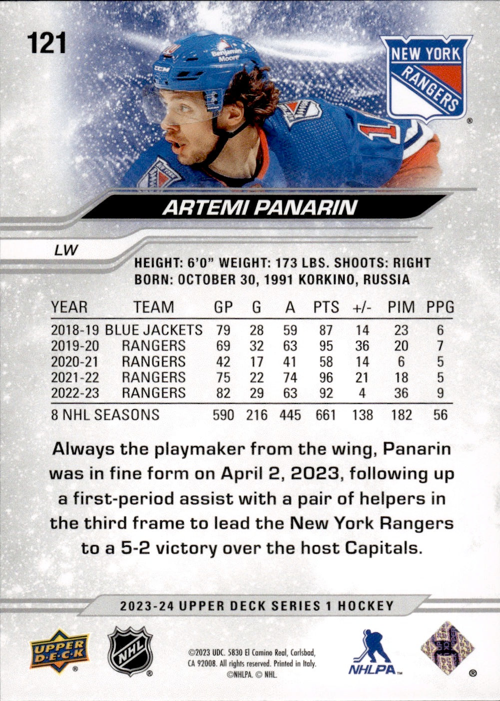 2023-24 Upper Deck Series 1 Hockey - Base #121 Artemi Panarin - New York Rangers