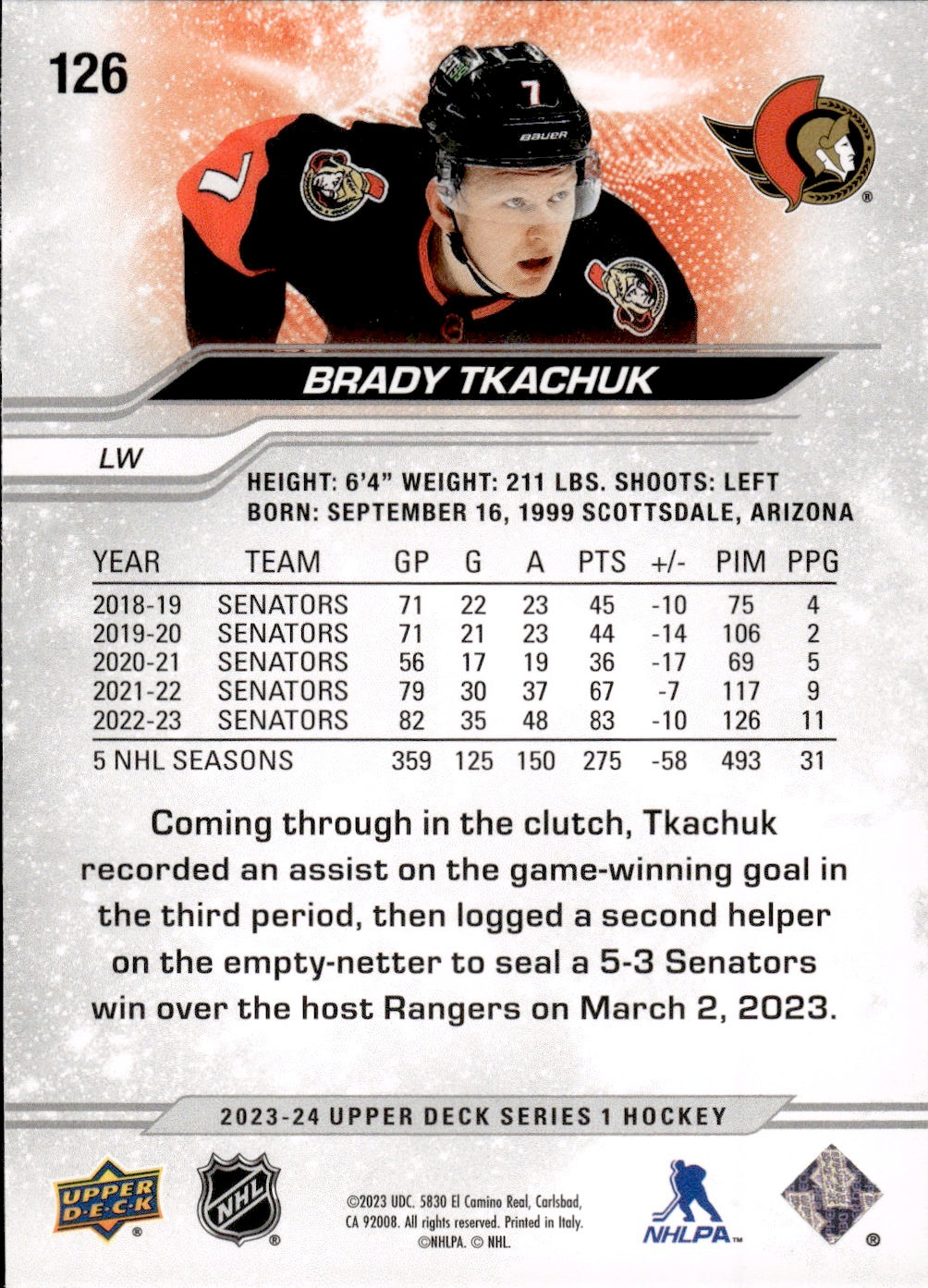 2023-24 Upper Deck Series 1 Hockey - Base #126 Brady Tkachuk - Ottawa Senators