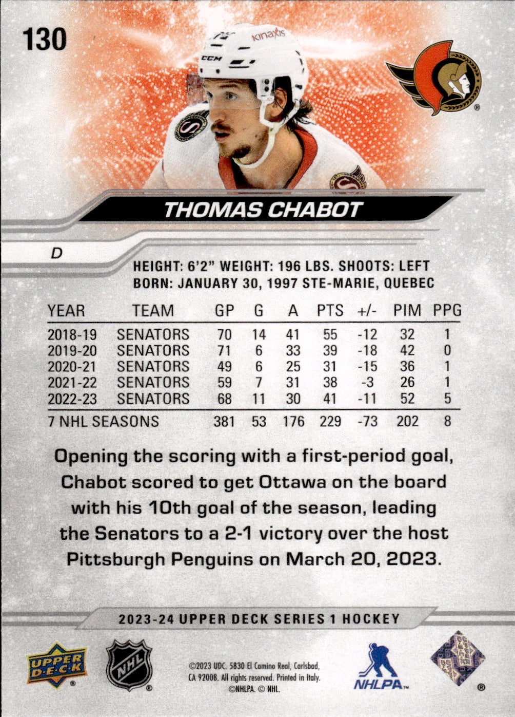 2023-24 Upper Deck Series 1 Hockey - Base #130 Thomas Chabot - Ottawa Senators