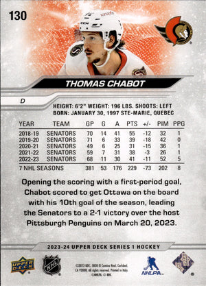 2023-24 Upper Deck Series 1 Hockey - Base #130 Thomas Chabot - Ottawa Senators