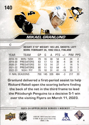 2023-24 Upper Deck Series 1 Hockey - Base #140 Mikael Granlund - Pittsburgh Penguins