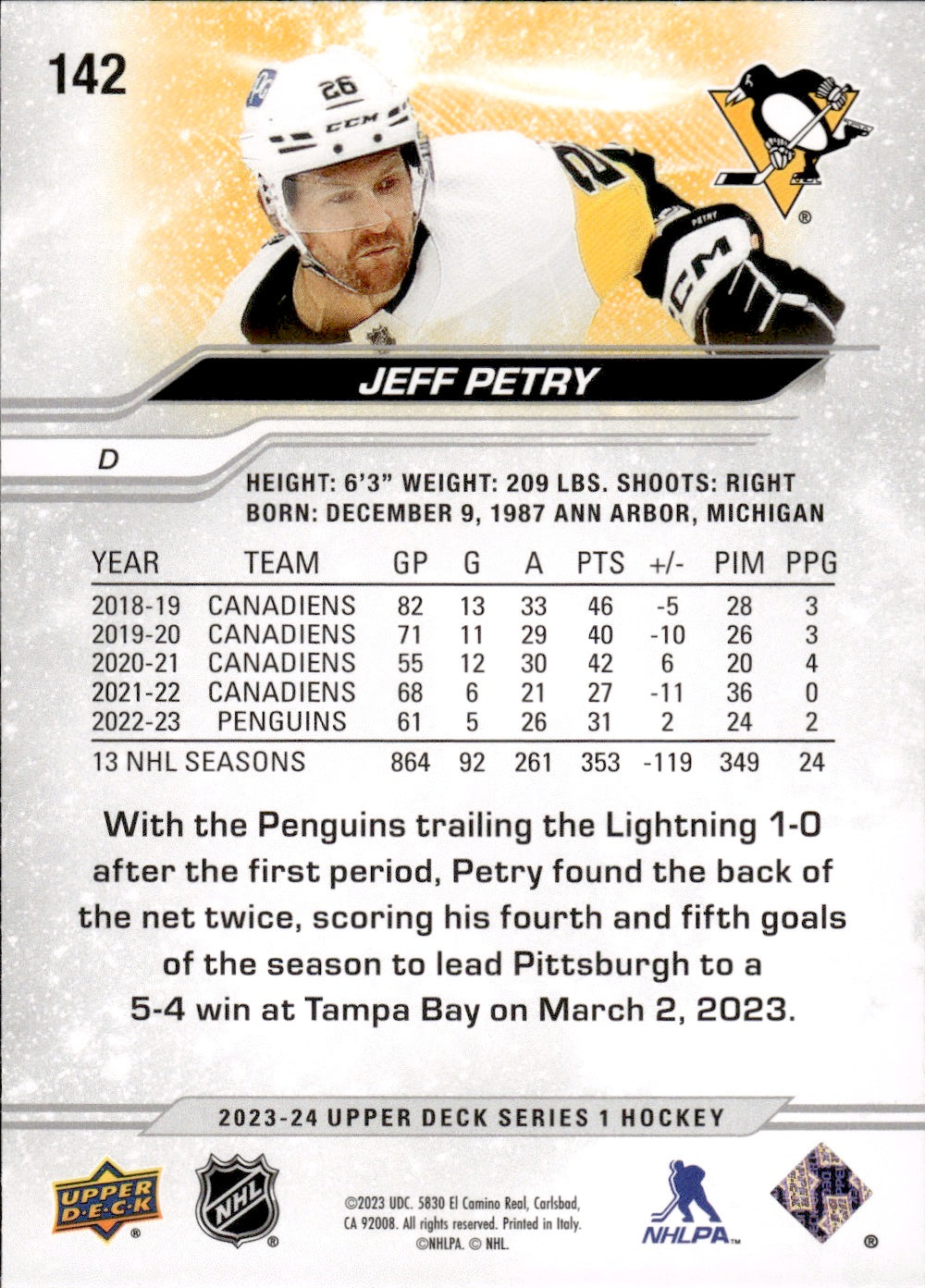 2023-24 Upper Deck Series 1 Hockey - Base #142 Jeff Petry - Pittsburgh Penguins