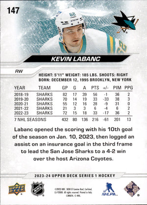 2023-24 Upper Deck Series 1 Hockey - Base #147 Kevin Labanc - San Jose Sharks