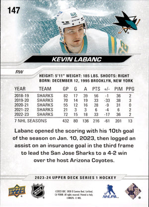 2023-24 Upper Deck Series 1 Hockey - Base #147 Kevin Labanc - San Jose Sharks