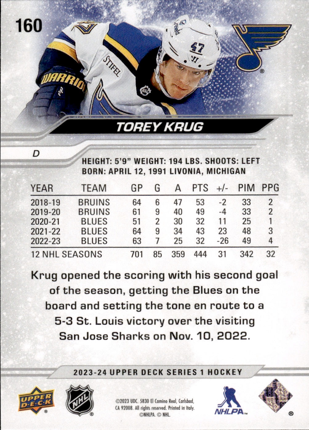 2023-24 Upper Deck Series 1 Hockey - Base #160 Torey Krug - St Louis Blues