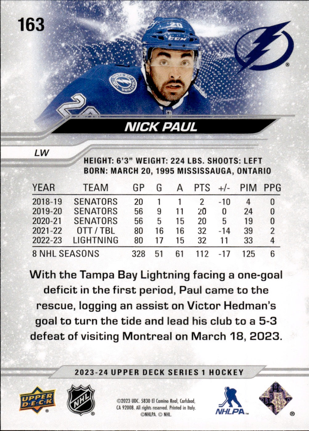 2023-24 Upper Deck Series 1 Hockey - Base #163 Nick Paul - Tampa Bay Lightning